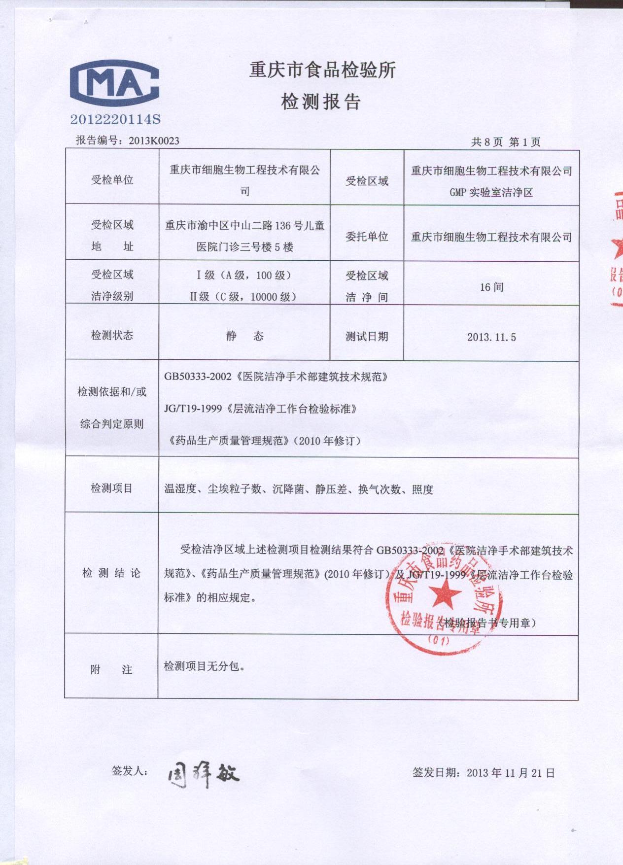 工程技术有限公司)获得了重庆市食品药品检验所颁发的洁净度检测报告
